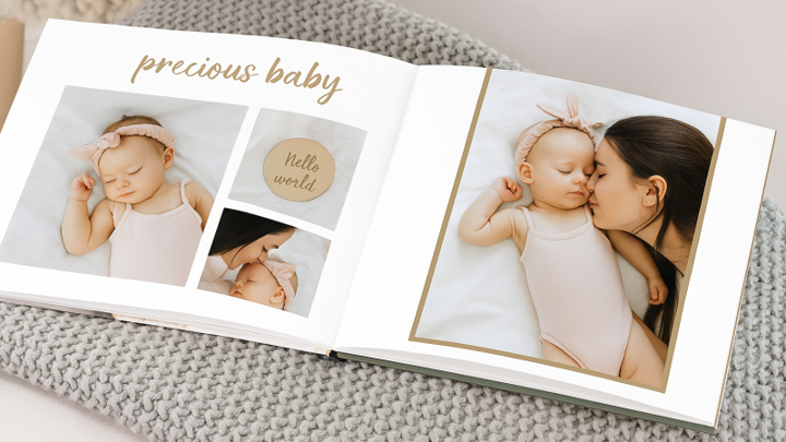 fotoboek_720x405 Een open fotoboek met op de pagina’s foto’s van een slapende baby in een lichtroze outfit en haar moeder die haar een kus geeft, met de tekst ‘precious baby’ erboven.